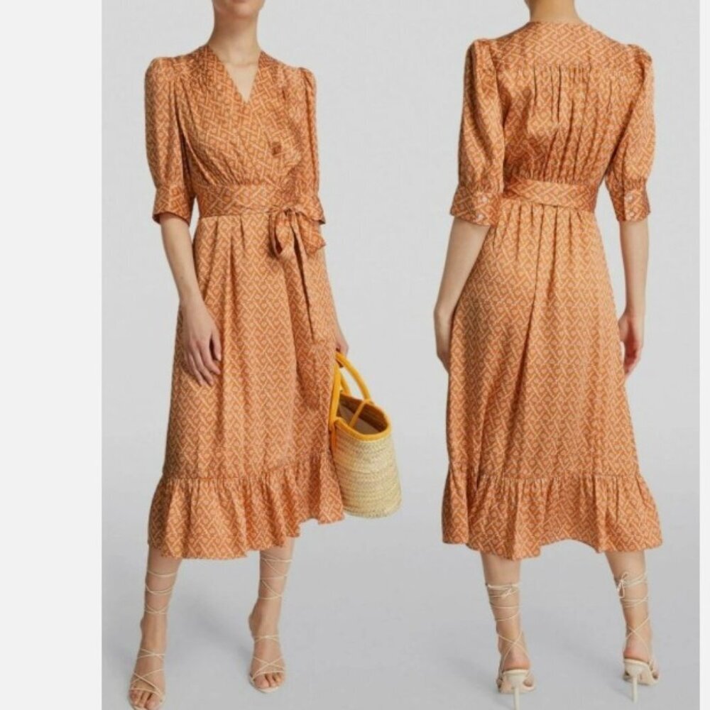 SANDRO Enrika Puff Sleeve Wrap Dress S Heart Print Orange $415 Romantic Luxury
